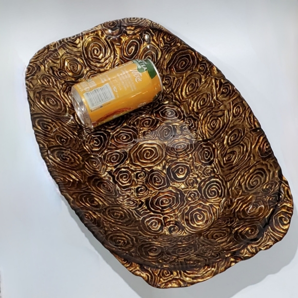 17 1/2" x 10" Glass Copper Bronze Brown Art Glass Decor Bowl with Silver Bottom - Picture 3 of 16